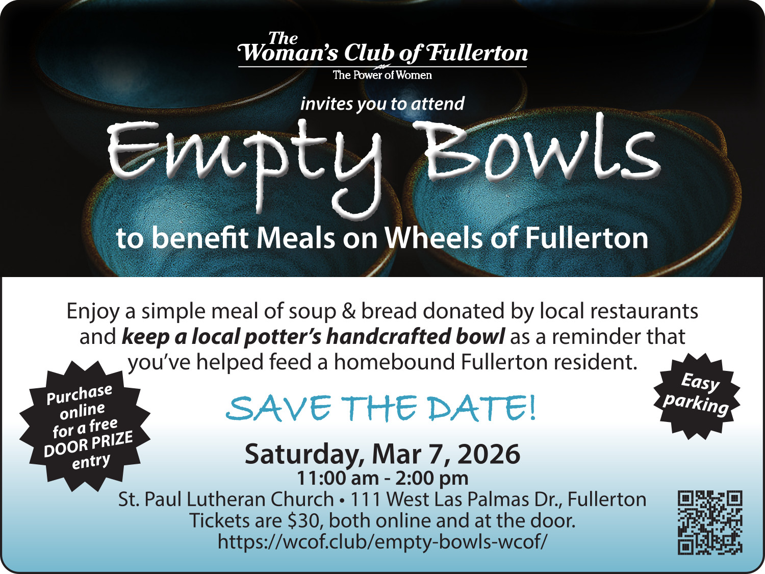 MOW Empty Bowls Save the Date, March 7, 2026